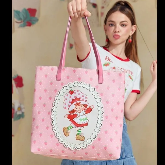 Strawberry Shortcake  Cute Cartoon Character & Strawberry & Lace Print Tote - Picture 3 of 9